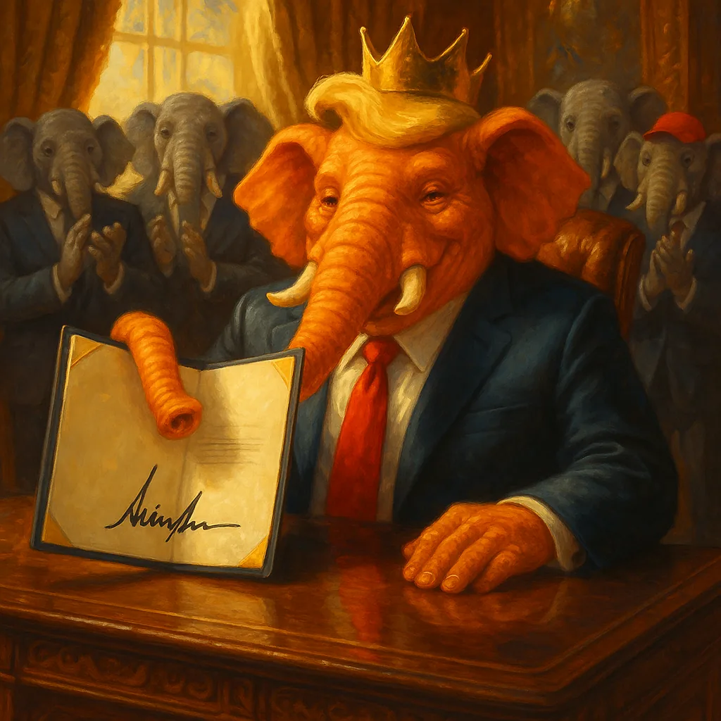 Donald Trumpelephant, an enormous orange elephant wearing a crooked golden crown and a blonde comb-over